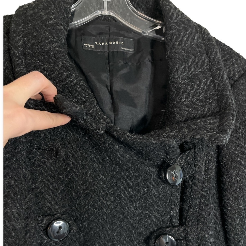 ZARA wool blend short trench coat size M charcoal herringbone pattern - Picture 3 of 7